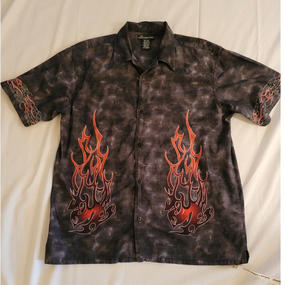 Vintage Y2K Flame Button Up Front No Boundaries Lighter Weight Shirt